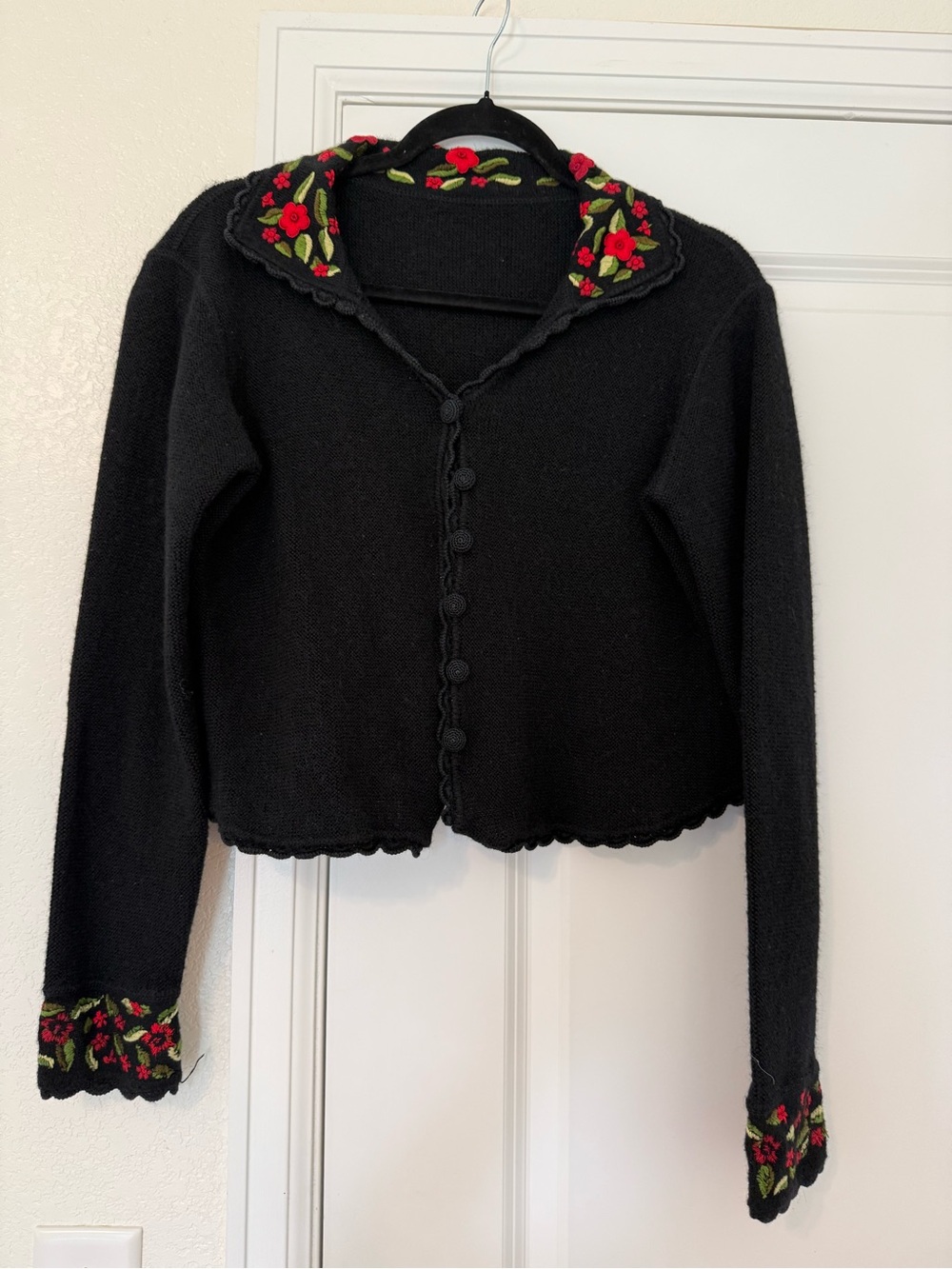 Black Floral-Trim Cardigan Sweater
